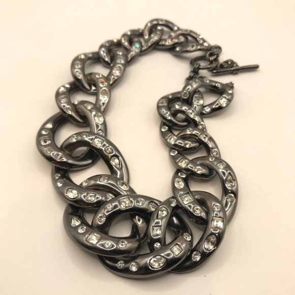 Vintage Kenneth Jay Lane (KJL) Gun Metal Rhinestone Chain Link Necklace - Picture 5 of 8
